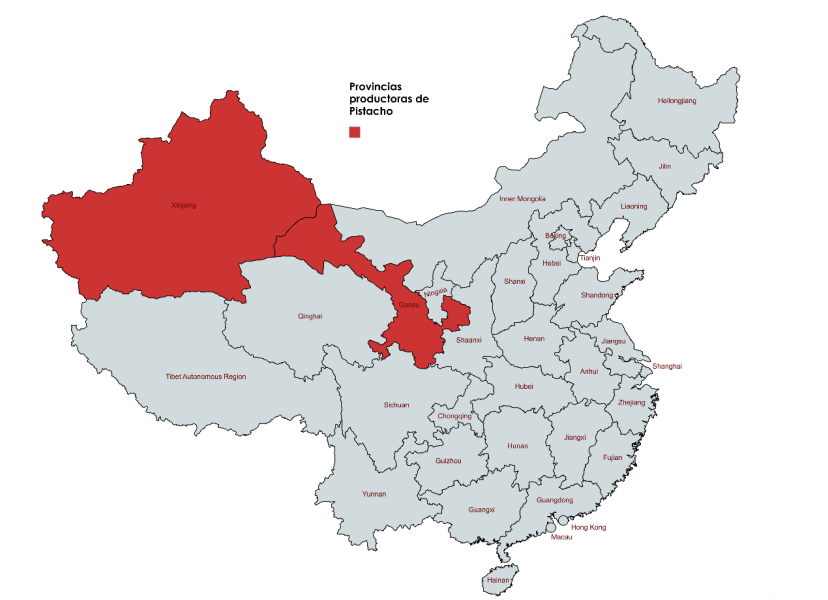 Mapa de las principales zonas productoras en China.