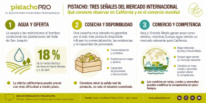 Infografía sobre tres claves del mercado internacional del pistacho en 2026: agua y oferta en California, disponibilidad de producto y comercio internacional.