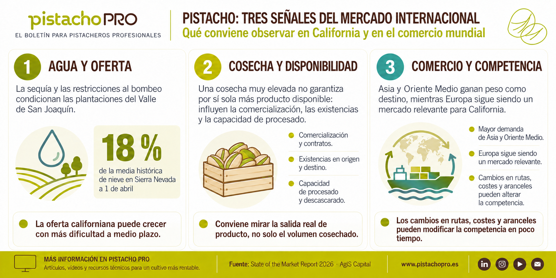 Infografía sobre tres claves del mercado internacional del pistacho en 2026: agua y oferta en California, disponibilidad de producto y comercio internacional.